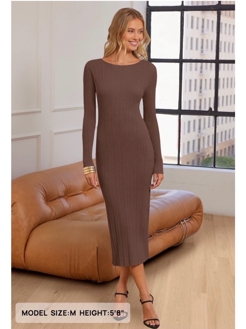 Merokeety Women’s Long Sleeve Bodycon Ribbed Knit Sweater Dress in Coffee
